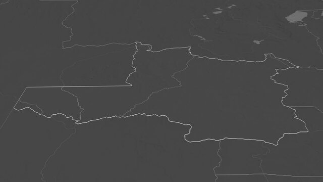 North-Western, province with its capital, zoomed and extruded on the bilevel map of Zambia in the conformal Stereographic projection. Animation 3D