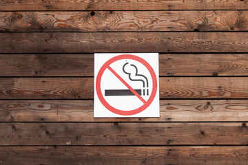 Moscow, Russia 05.06.2020 A "no Smoking" sign on a wood texture wall. Modern signs. A safe and comfortable city. Don't smoke!