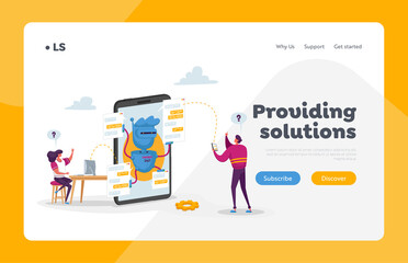 People Use Chat Bot Service Landing Page Template. Characters Use Gadgets for Chatbot Communication. Ai Robot Help Faq Support Online Consultation, Artificial Intelligence. Cartoon Vector Illustration