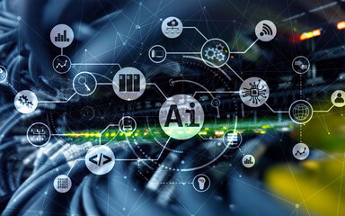 Artificial Intelligence. AI. Infographic illustration on fantastic computer center.