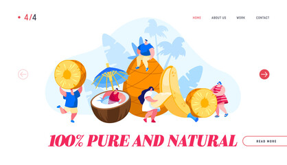 Vegetarian Healthy Food, Nutrition, Summer Fresh Juice Drinks Cocktails Landing Page Template. Tiny Characters and Huge Ripe Tropical Fruits Coconut, Pineapple, Banana. Cartoon Vector Illustration
