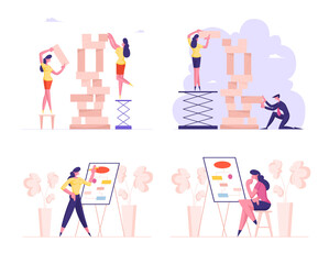 Set of Business People Building Tower of Wooden Blocks, Male and Female Characters Teamwork Activity, Strategy. Women at Whiteboard Analysing Information, Mind Map. Cartoon Vector Illustration