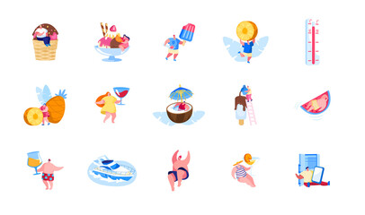 Set of Male and Female Characters Enjoying Summer Vacation and Holidays Recreation Eating Ice Cream, Relax on Yacht in Ocean, Eat Fruits and Drink Alcohol Beverages. Cartoon People Vector Illustration