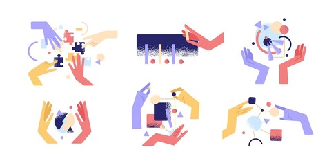 Fototapeta premium Set of colorful cartoon human hands use different abstract things vector flat illustration. Arms holding figure during teamwork, research, assembly and analytics isolated. Concept of manual activity