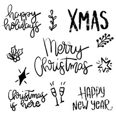 Set of Merry Christmas and Happy New Year 2020 handlettered card designs. Christmas phrases. Merry Christmas. Hapy New Year. 2020.