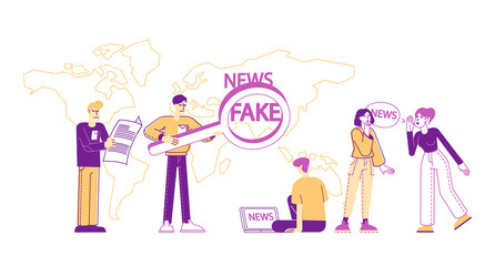 Fake News and Gossips, False Info Fabrication Concept. Tiny People Reading Newspapers, Social Media Information in Internet on World Map Background, Characters Search Info. Linear Vector Illustration