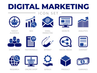 Blue Digital Marketing Icon Set. Target Audience, SEO, Email Marketing, Website, Analytics, Customers, Testimonials, Attract, Social Media, Content, Icons.