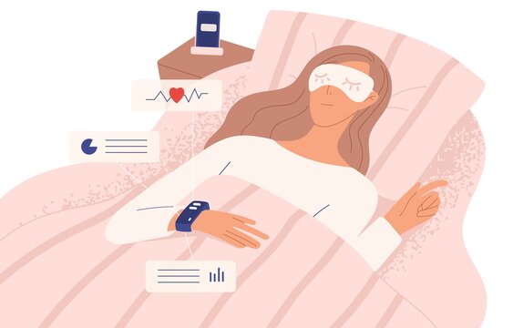Woman in night mask lying on bed in sleeping tracker vector flat illustration. Relaxed female in modern device control quality and quantity of sleep isolated on white. Electronic smart watch app