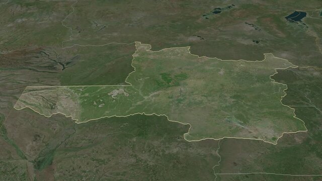 North-Western, province with its capital, zoomed and extruded on the satellite map of Zambia in the conformal Stereographic projection. Animation 3D