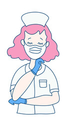 Nurse in medical white workwear, mask and blue gloves with closed eyes. A medical officer saves people from the virus. Vector drawing of a flat man