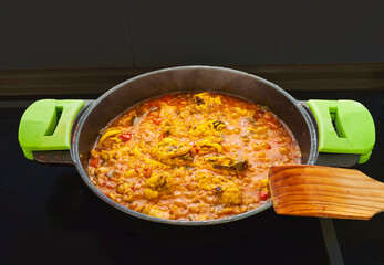 spanish paella with sea fish and shrimps.