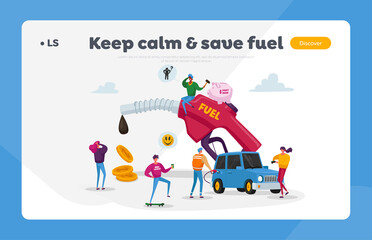 Obraz na płótnie Canvas Petrol Economy, Car Refueling on Fuel Station Landing Page Template. Tiny Characters around Huge Pumping Gasoline Hose. Oil Filling Service, Automotive Industry. Cartoon People Vector Illustration