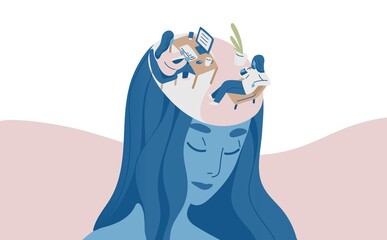 Portrait of female character with relax and labor in head vector flat illustration. Colorful woman enjoying work life balance isolated on white. Abstract girl resting and working with pleasure