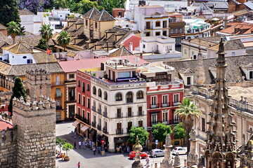 City View from Giralda Spire Bell Tower in Seville Cathedral in Andalusia Spain.