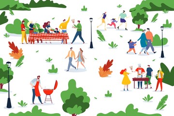 People bbq picnic at nature together, vector illustration. Character man woman eat food at park, cook meat, couple walk and rollerblading family. Group at large table have fun at weekend.