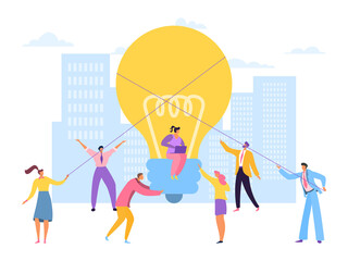 Big idea support teamwork, vector illustration. Business people man woman character design creative project together. Employees hold large lightbulb, developing innovetion business project.