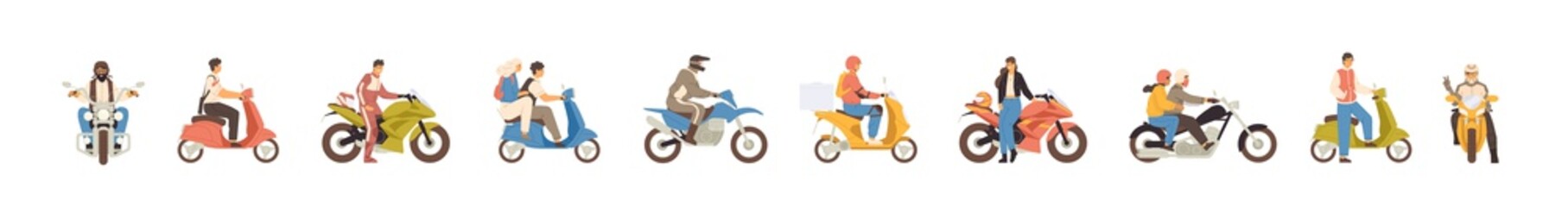 Set of different motorcycle and scooter riders vector flat illustration. Collection of various man, woman and couple drivers in helmets isolated on white background. People on motor transportation © Good Studio