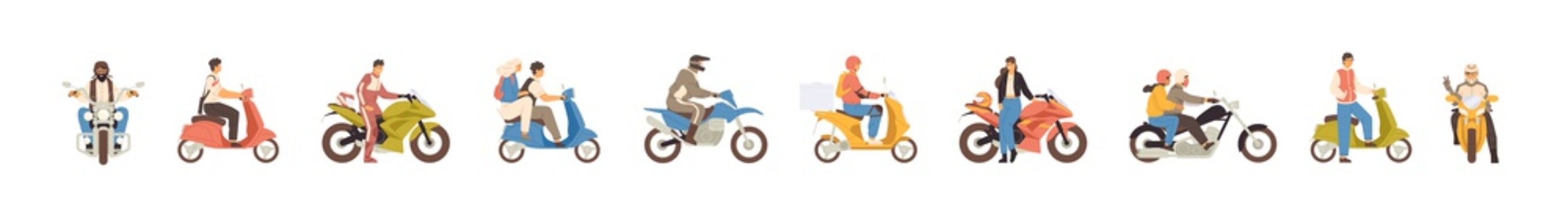 Set of different motorcycle and scooter riders vector flat illustration. Collection of various man, woman and couple drivers in helmets isolated on white background. People on motor transportation