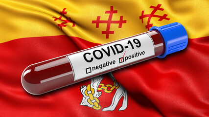 Flag of Warwickshire waving in the wind with a positive Covid-19 blood test tube. 3D illustration concept for blood testing for diagnosis of the new Corona virus.