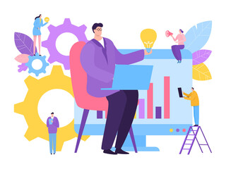 Create business idea together, vector illustration. Woman man people character assistant with leader, project development at laptop. Chart, graph on electronic screen, company work.