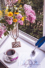 still life with coffee and flowers