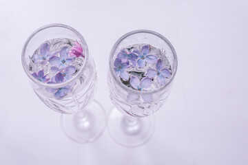 glass of water with flowers lilac in a glass