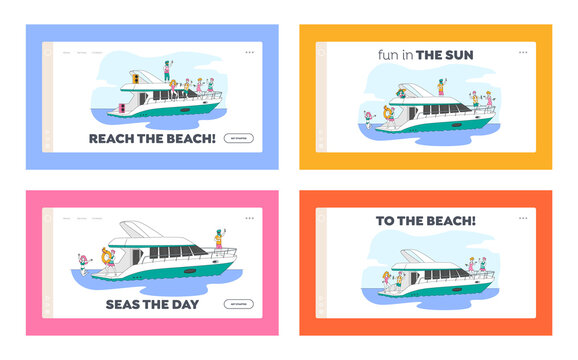 Friends Company Relaxing on Luxury Yacht at Ocean Landing Page Template Set. Summertime Vacation. Happy Characters Resting on Ship Deck at Sea, Drinking, Dancing. Linear People Vector Illustration