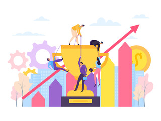 Business team success concept, vector illustration. Prize for successful company project, teamwork victory. Man character help woman and workers climb up on golden cup, growth diagram.