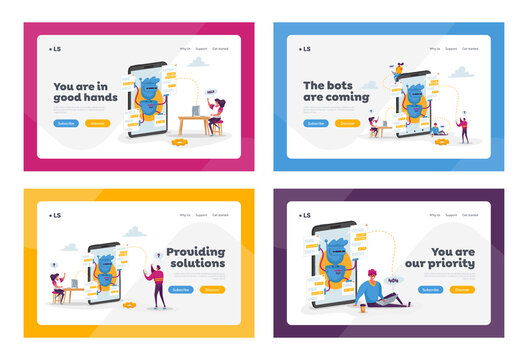 Artificial Intelligence Landing Page Template Set. Tiny Characters at Huge Mobile with Robot Assistant. Chatbot Help Online Answer Questions, Ai Cyborgs Faq Service. Cartoon People Vector Illustration