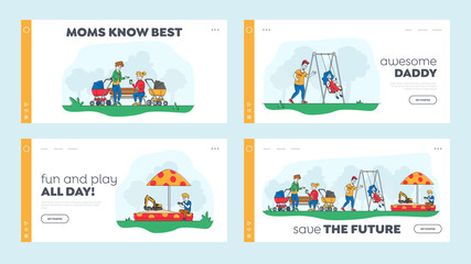 Kids and Parents Characters on Outdoor Playground Landing Page Template Set. Children Ride on Swing, Playing in Sandbox. Active Games on Street, Leisure Holidays. Linear People Vector Illustration