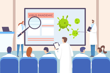 Conference doctors concept, coronavirus informayion vector illustration. Awareness hospital employees about pandemic at meeting. Man and woman near screen explain to their colleagues virus structure.