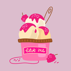 Hand drawn vector illustration of raspberry icecream in a cup. Food illustration for poster and kitchen design. Cartoon style illustration.