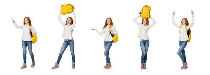 Young student with backpack isolated on white