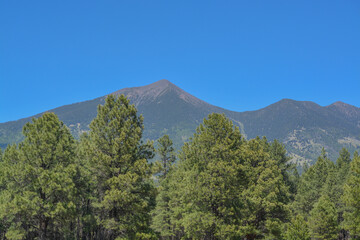 The view of Mount Humphreys and its Agassiz Peak. One of the San Francisco Peaks in the Arizona Pine Forest. Near Flagstaff, Coconino County, Arizona USA