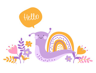 Hand drawn vector decorative illustration of cute snail. Children vector print. Design for posters, cards, prints.