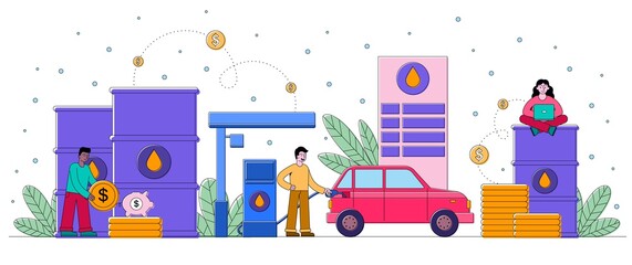 Driver filling his vehicle with petrol at the pump at a garage with barrels of oil and gold coins, colored vector illustration