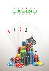 Stack of colored casino chips with playing cards isolated on a white background. Big win jackpot poker in Online web casino illustration. Realistic luxury fortune banner with playing cards games bet