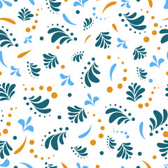 Petals, circles. Seamless pattern. Blue, orange, white colors. Design for fabric, cover, wrapping paper, wallpaper, background. Vector.