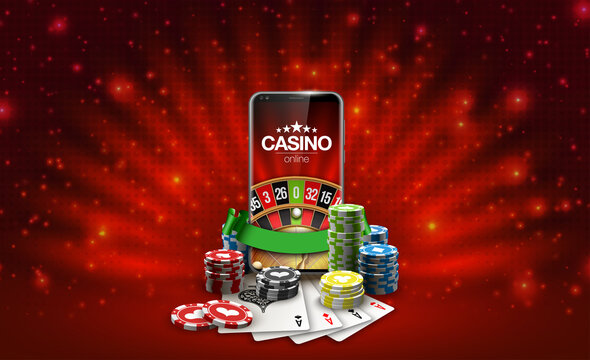 Big Win Illustration Banner On Red. Online Jackpot Casino Roulette In Mobile Phone. Chips, Playing Card, Dice. Marketing Luxury Banner Jackpot Online Casino Game Roulette In Smartphone Play Now Poster