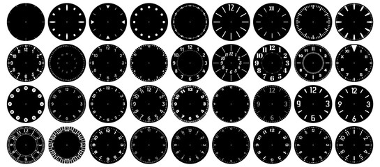 Circle clock face marks. Minutes, seconds and hours clockwise marked on clocks watchface precision scale. Modern, elegant and antique watch faces with arabic numerals vector illustration set