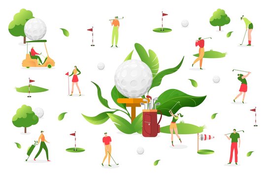 People play golf at white background, vector illustration. Man woman character, sport outdoor activity. Professional player with putter, little ball, golf cart near hole with bright flag.
