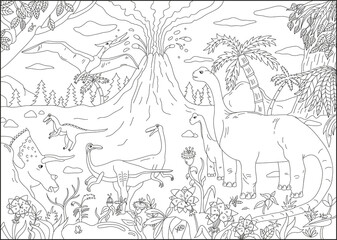 Big coloring page for children with dinosaur and ancient nature.