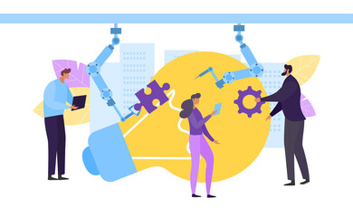 Manager engineer robot check concept, vector illustration. Control automated work, tech equipment process. Man woman test product, large light bulb, idea, workerk make notes about operation.