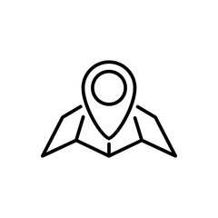 Concepto buscar dirección. Icono plano lineal mapa con puntero en color negro © teracreonte