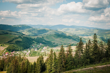 summer mountain landscape, forest, clouds