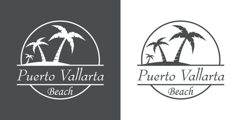 Símbolo destino de vacaciones. Icono plano texto Puerto Vallarta Beach en círculo en fondo gris y fondo blanco