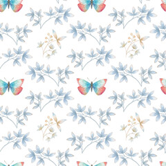 Fototapeta na wymiar Seamless botanical pattern of watercolor butterflies and leaves on a white background. Art watercolor for design, packaging and printing.