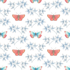 Seamless botanical pattern of watercolor butterflies and leaves on a white background. Delicate watercolor for design.