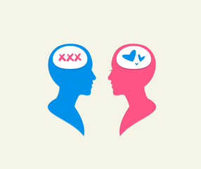 blue person thinks about xxx and pink person thinks about love.