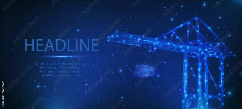 Wall mural abstract vector wire-frame crane on a blue background. crane lifting a container at seaport or railw